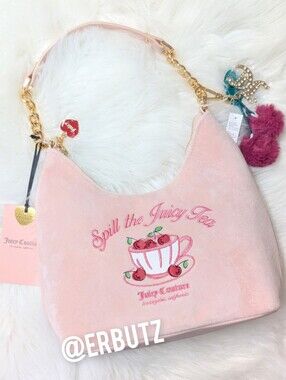 Juicy Couture SPILL THE JUICY TEA Embroidered Tea Party Hobo - 2 Cherry Charms🍒